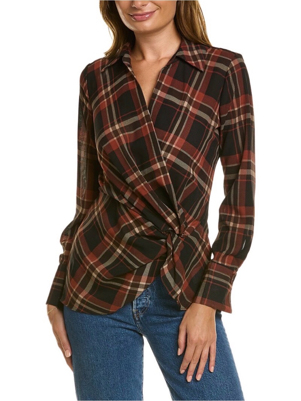 Laundry By Shelli Segal Brown and Black Plaid Twist-Front Button-Down Top